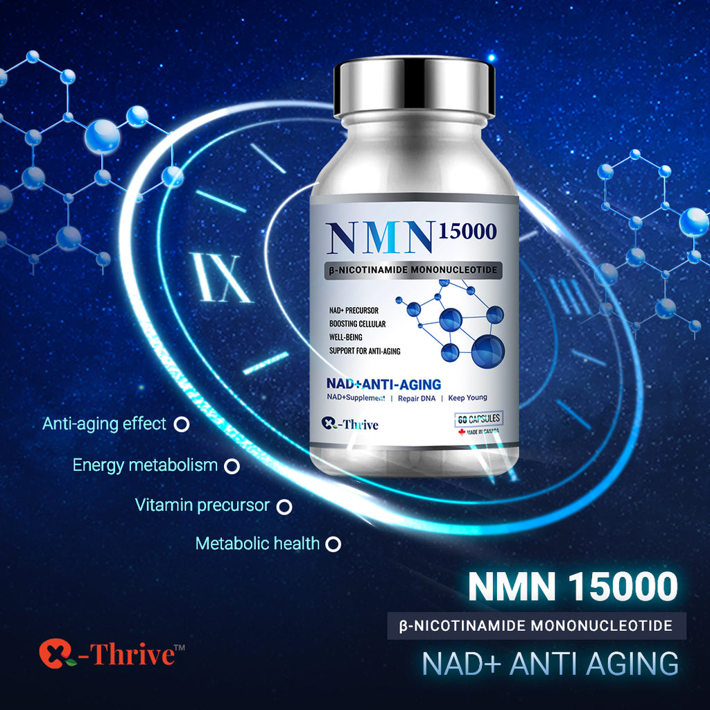 X-Thrive NMN15000 showcases the revolutionary anti-aging compound NMN, fostering youthful cellular function and bolstering DNA repair, energy metabolism, and cognitive well-being.