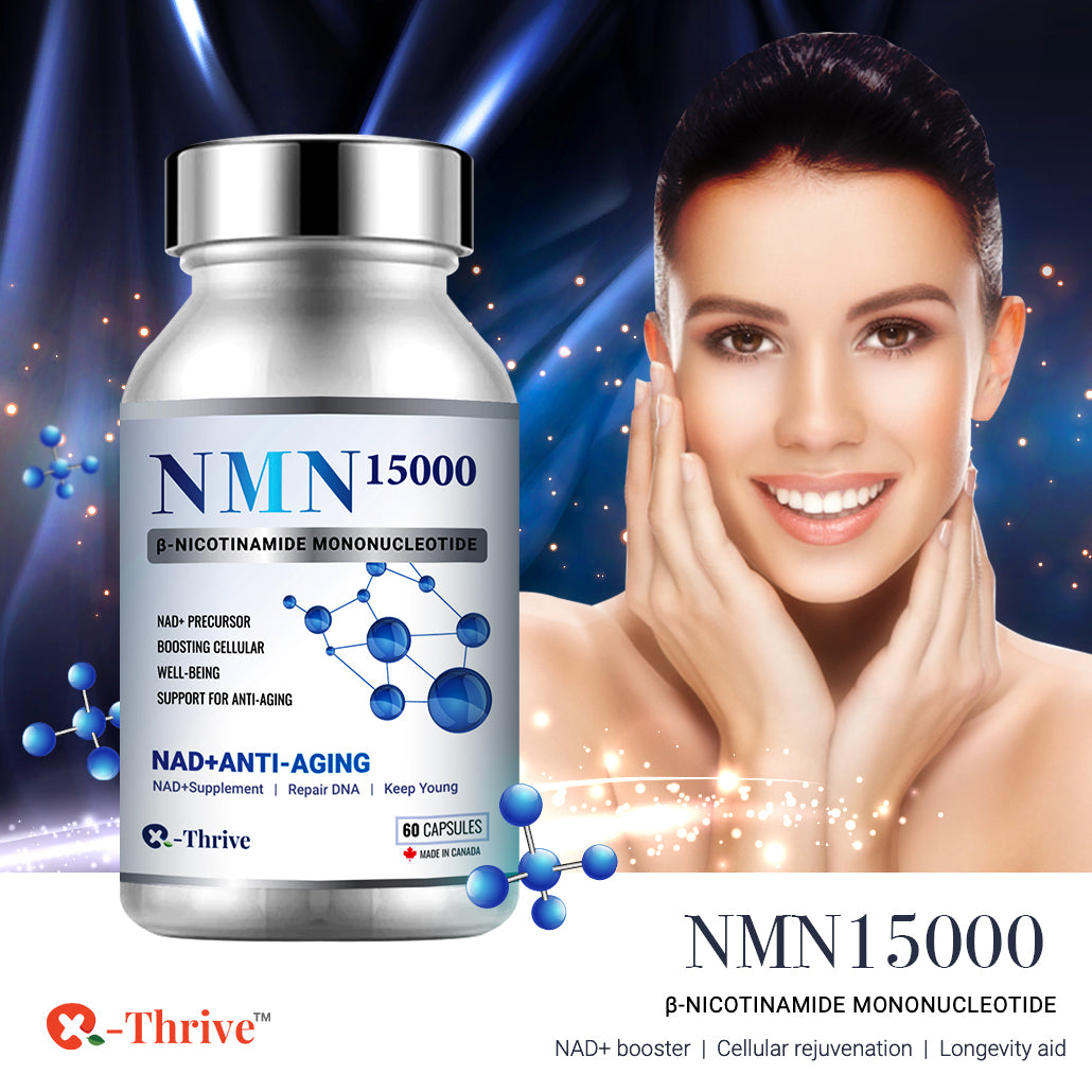 X-Thrive NMN15000 showcases the revolutionary anti-aging compound NMN, fostering youthful cellular function and bolstering DNA repair, energy metabolism, and cognitive well-being.