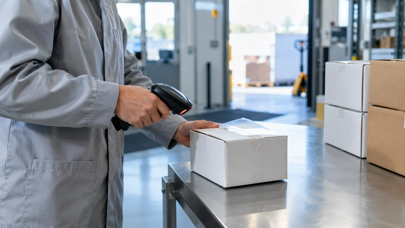 Staff member checking a sealed carton with a handheld scanner at a receiving bench