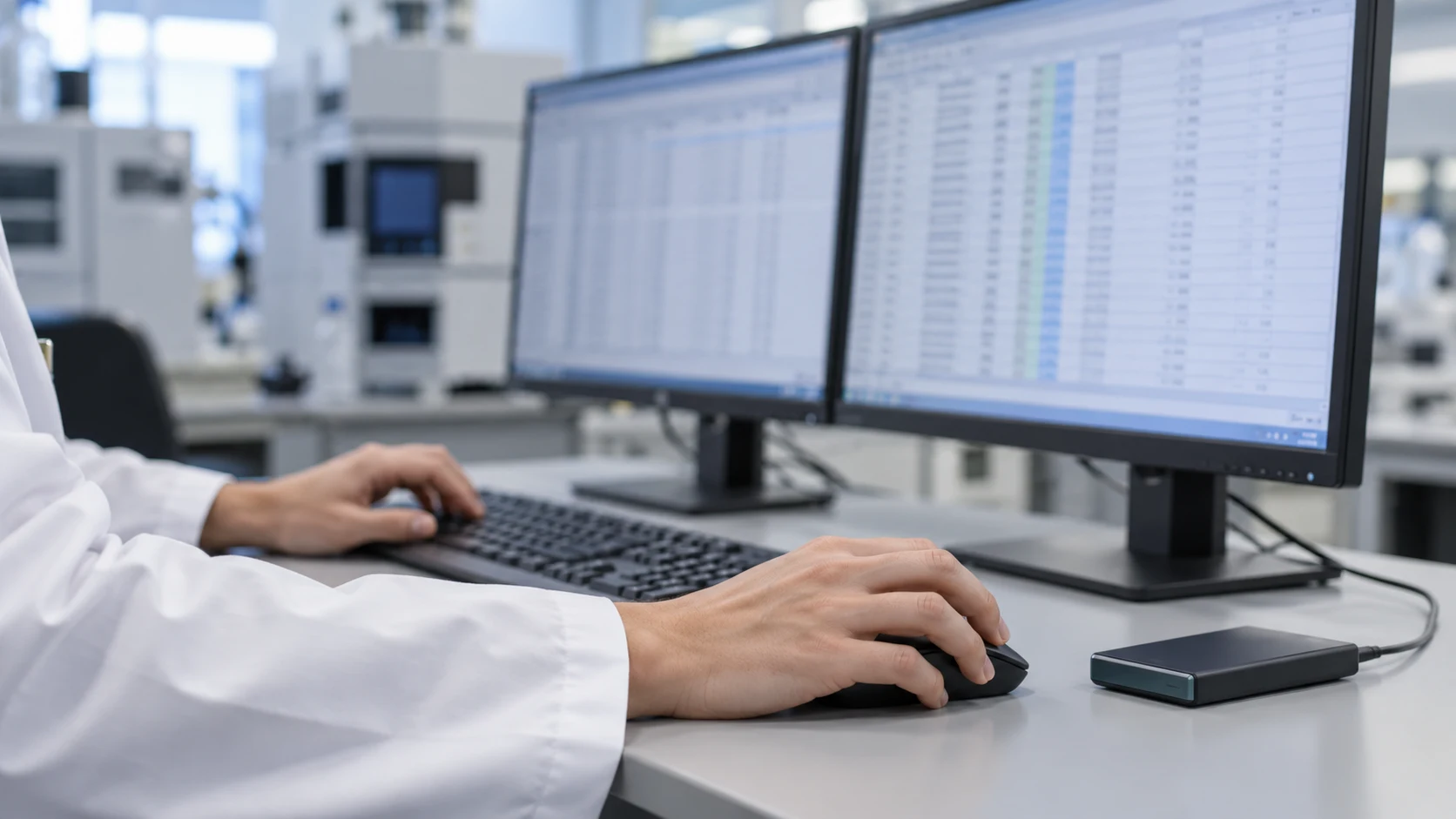 Illustration of an analyst reviewing data files at a dual-monitor workstation