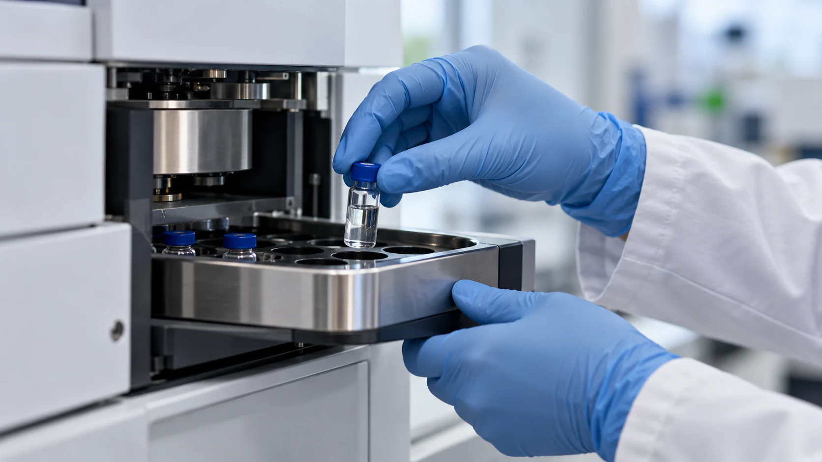 Gloved hands positioning a sample vial in an analytical instrument tray