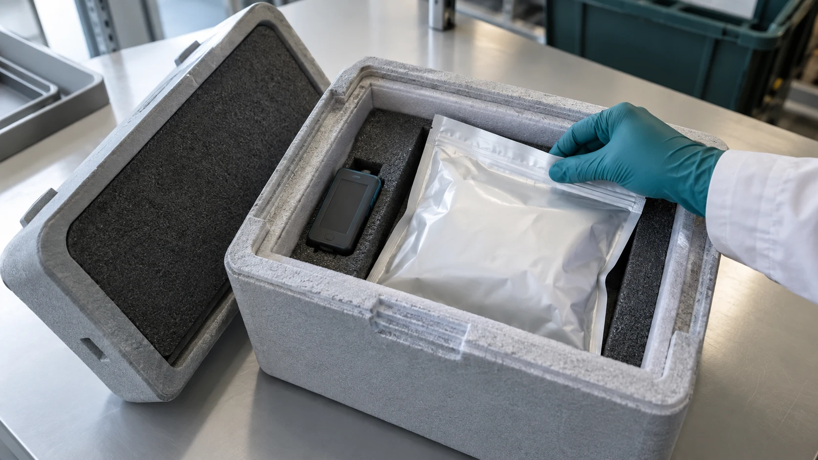 Conceptual receiving scene with a sealed pouch and blank-screen logger in an insulated container