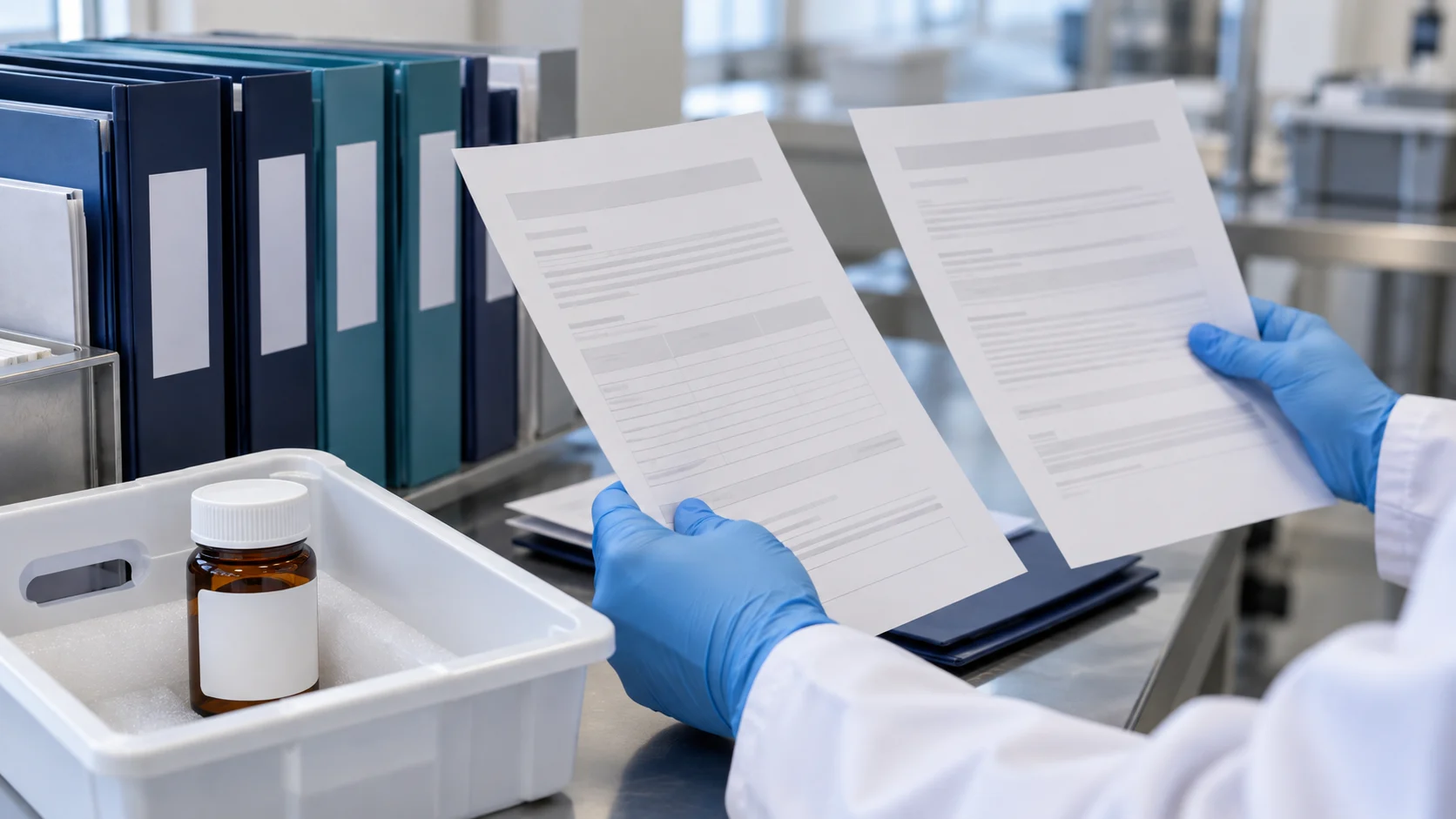 Editorial illustration of a material container and two documents being compared