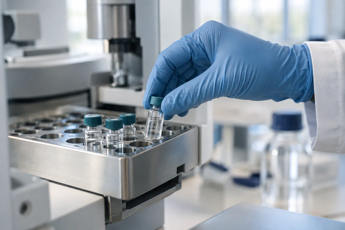 Editorial illustration of analytical samples and laboratory equipment