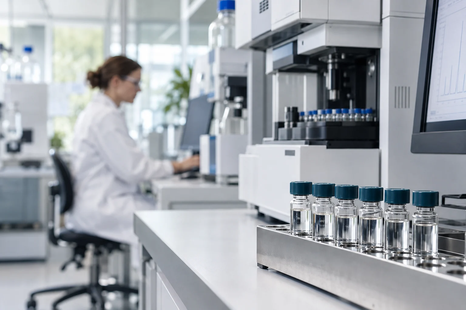 Illustrative analytical laboratory with chromatography equipment and sample vials